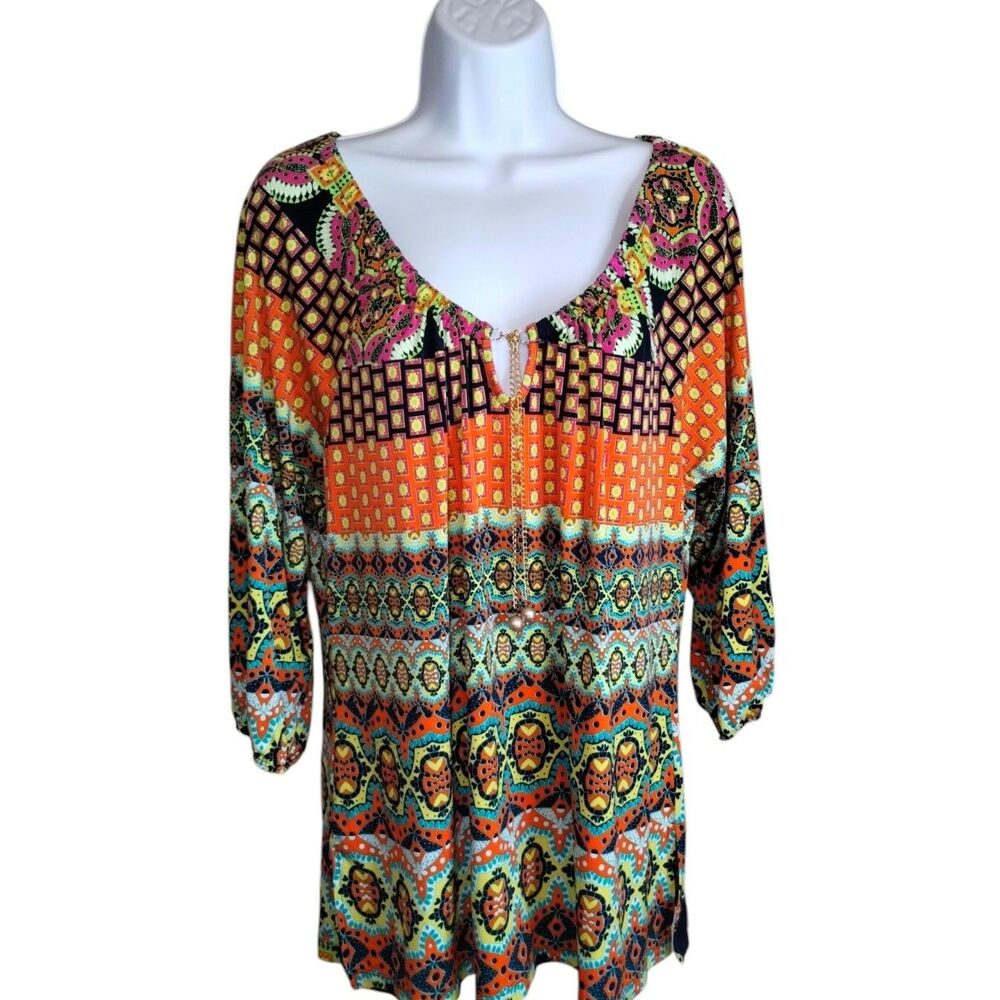 Susan Lawrence BOHO Style Blouse 3/4 elastic Sleeve Chain V Neck Closure L - Picture 2 of 9